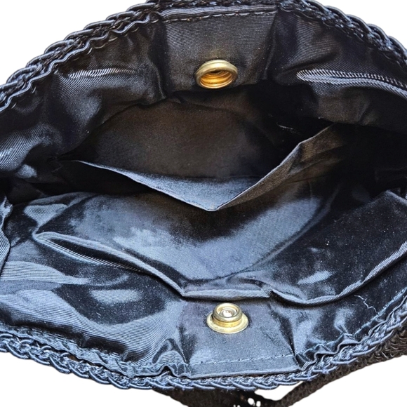 Vintage Black Macrame Purse Handmade Fringe Architectural Bag Boho Chic - Picture 7 of 11